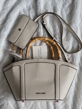 Anne Klein Small Beige Bamboo-Handle Tote Crossbody Bag with Pouch